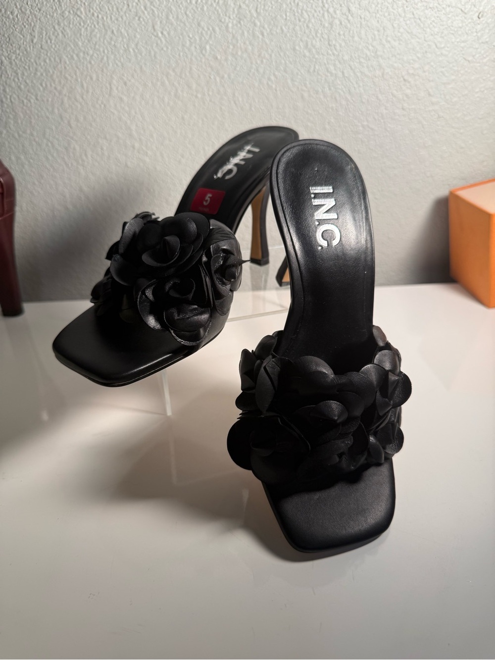 INC International Concepts Black Floral Appliqué Stiletto Slides